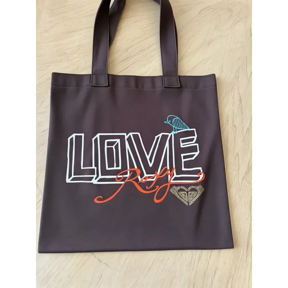 Vintage Y2K Roxy Canvas Tote Bag Brown LOVE Graphic Bird Surf Boho Skater